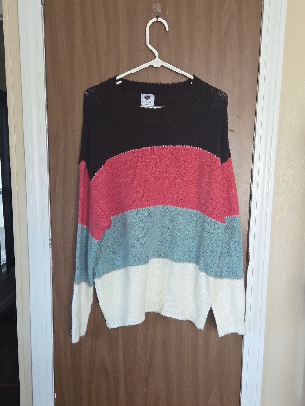 Striped Crew Neck Sweater in Black, Coral, Blue, and White